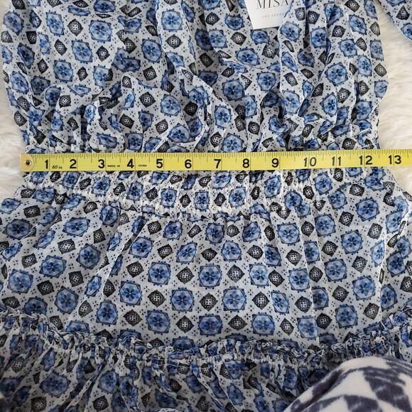 Misa LA Zonia Blue/White Geometric Off-Shoulder Chiffon Mini Dress XS - Picture 10 of 14